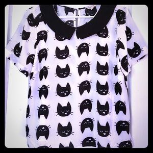 Peter pan collar cat print blouse
